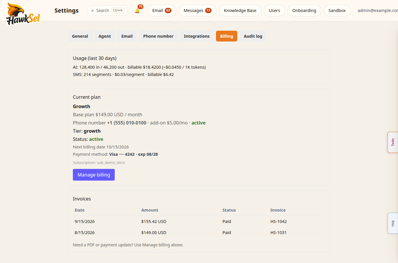 Settings Billing tab with usage and plan