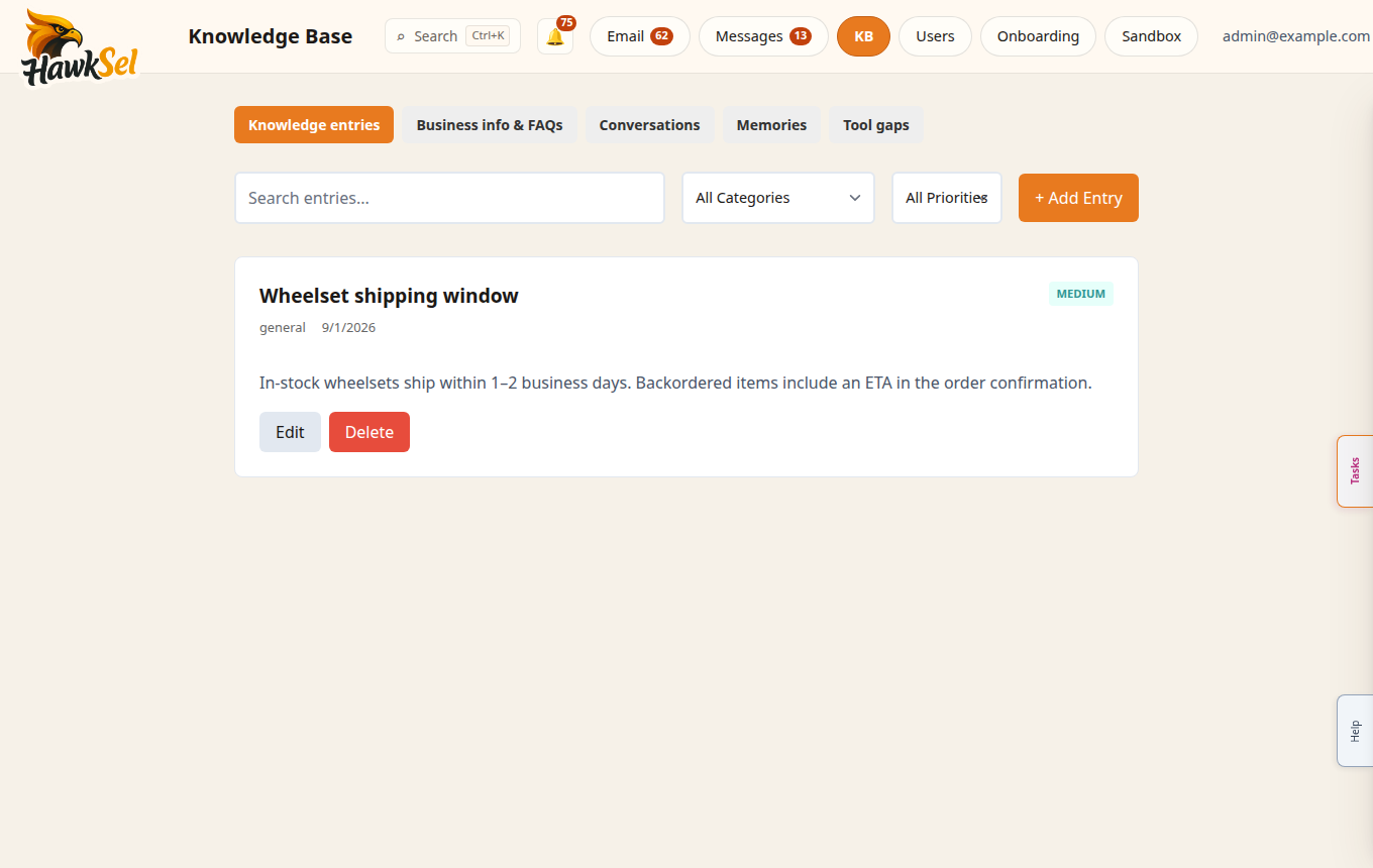 Knowledge Base tabs and entries
